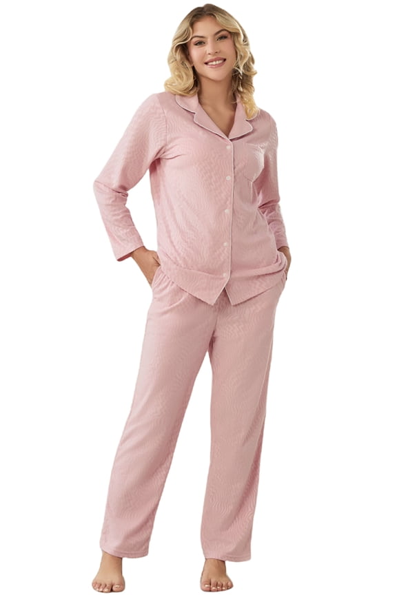 Womens Button Down Pajama Set, Fleece Sleepwear Soft Warm Classic Lapels Cozy Lounge,(Light Pink,L)
