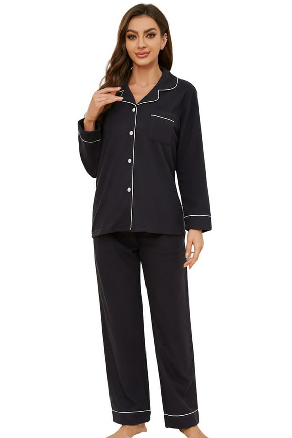 Womens Button Up Pajama Sets, Soft Long Sleeve Flannel Knit Lounge Sets,(Black,L)