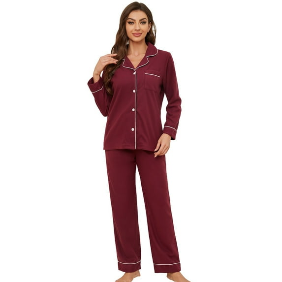 U2SKIIN Womens Button Up Pajama Sets, Soft Long Sleeve Flannel Knit Lounge Sets,(Burgundy,L)