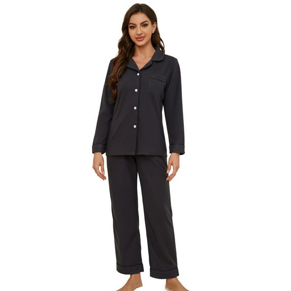 U2SKIIN Womens Button Up Pajama Sets, Soft Long Sleeve Flannel Knit Lounge Sets,(Dark Grey,XL)