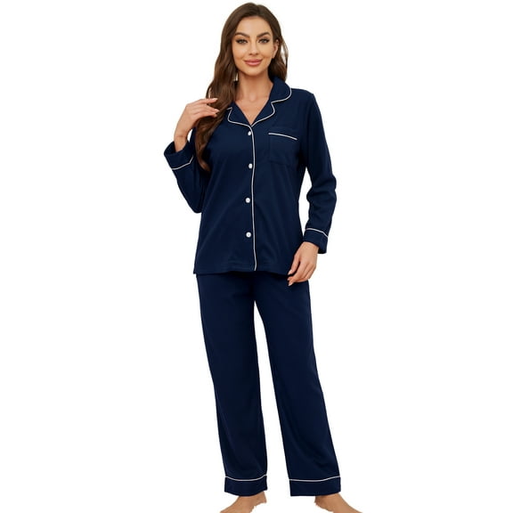 U2SKIIN Womens Button Up Pajama Sets, Soft Long Sleeve Flannel Knit Lounge Sets,(Navy,L)