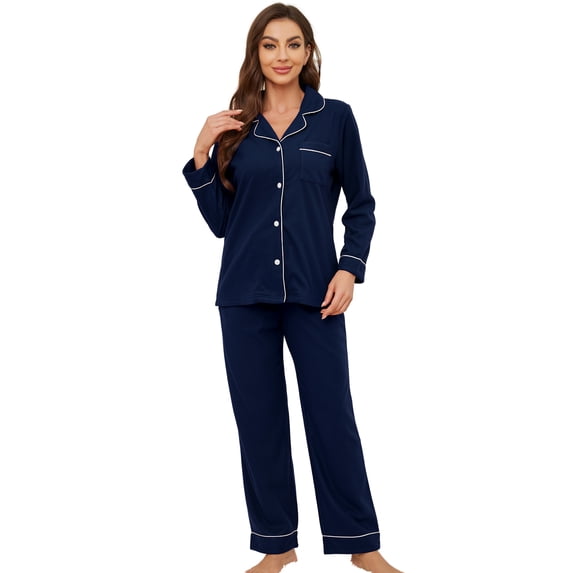U2SKIIN Womens Button Up Pajama Sets, Soft Long Sleeve Flannel Knit Lounge Sets,(Navy,XL)