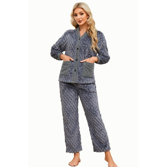 U2SKIIN Womens Fleece Cute Pajama Set, Soft Warm Pjs for Women 2 Piece Fluffy Sleepwear Plush Pajamas Button Down(Dark Grey,2XL)