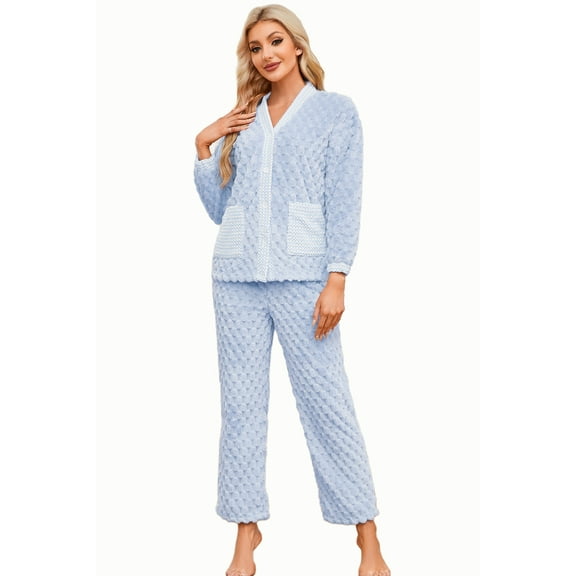 U2SKIIN Womens Fleece Cute Pajama Set, Soft Warm Pjs for Women 2 Piece Fluffy Sleepwear Plush Pajamas Button Down（Light Blue，M）