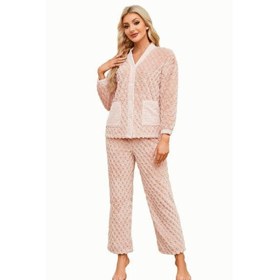 U2SKIIN Womens Fleece Cute Pajama Set, Soft Warm Pjs for Women 2 Piece Fluffy Sleepwear Plush Pajamas Button Down(Light Pink,2XL)