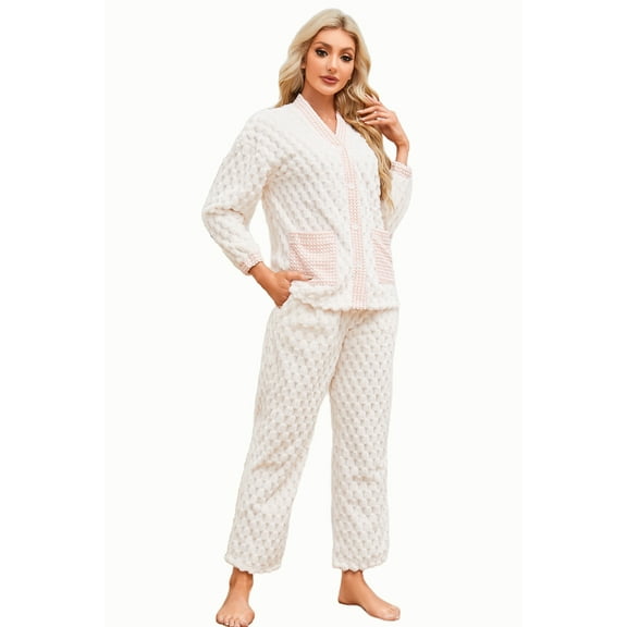 U2SKIIN Womens Fleece Cute Pajama Set, Soft Warm Pjs for Women 2 Piece Fluffy Sleepwear Plush Pajamas Button Down（White，XL）