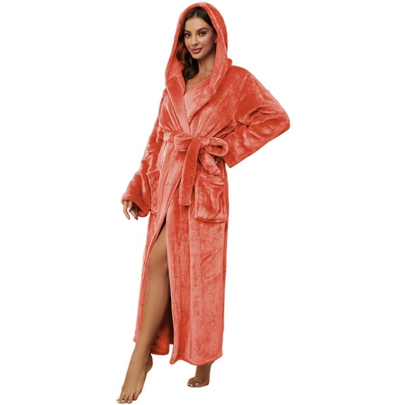 U2SKIIN Womens Fleece Hooded Robe, Full Length Soft Thick Plush Bathrobe,(Coral,S-M)
