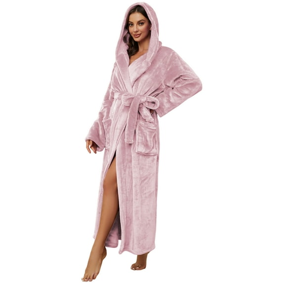 U2SKIIN Womens Fleece Hooded Robe, Full Length Soft Thick Plush Bathrobe,(Dusty Pink,L-XL)