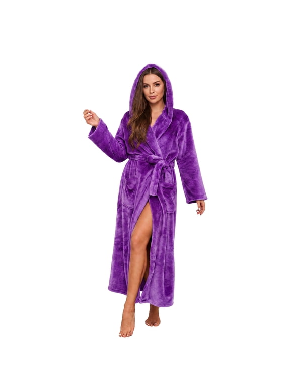 Womens Fleece Hooded Robe, Full Length Soft Thick Plush Bathrobe,(Violet,S-M)