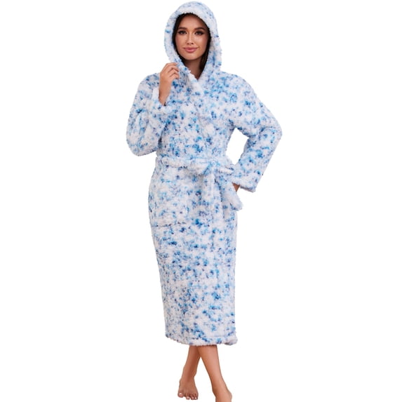 U2SKIIN Womens Fleece Hooded Robe, Soft Plush Bathrobes Fluffy Warm Spa,(Blue White Print,L-XL)