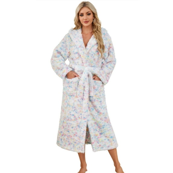 U2SKIIN Womens Fleece Hooded Robe, Soft Plush Bathrobes Fluffy Warm Spa,(Pink Yellow Blue Print,L-XL)
