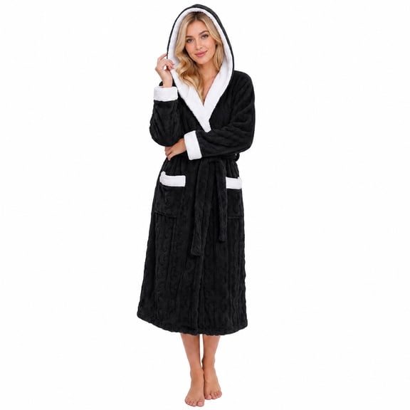 U2SKIIN Womens Fleece Hooded Robes, Long Plush Soft Thicker Fluffy Bathrobes,(Black,L-XL)