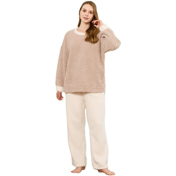 U2SKIIN Womens Fleece Pajama Set, Fluffy Pullover Sleepwear Soft Plush Pjs Lounge Fuzzy Pjs set,(Khaki,M)