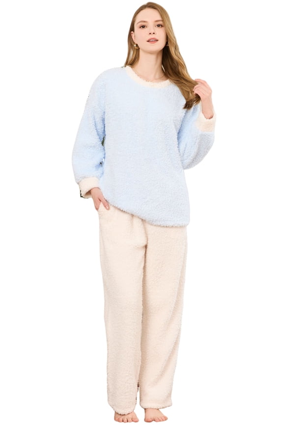 Womens Fleece Pajama Set, Fluffy Pullover Sleepwear Soft Plush Pjs Lounge Fuzzy Pjs set,(Light Blue,XL)