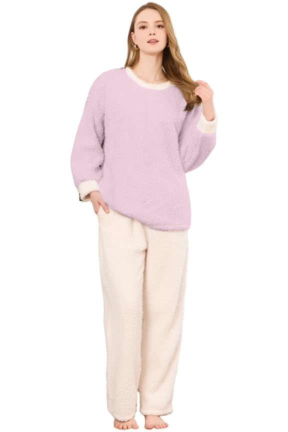Womens Fleece Pajama Set, Fluffy Pullover Sleepwear Soft Plush Pjs Lounge Fuzzy Pjs set,(Light Pink,M)