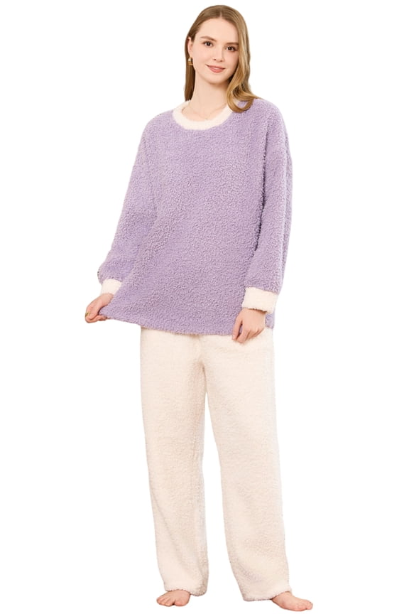 Womens Fleece Pajama Set, Fluffy Pullover Sleepwear Soft Plush Pjs Lounge Fuzzy Pjs set,(Light Purple,2XL)