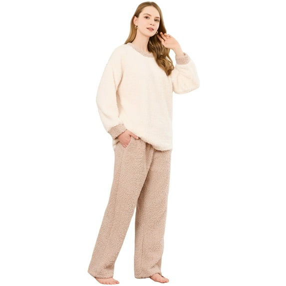 U2SKIIN Womens Fleece Pajama Set, Fluffy Pullover Sleepwear Soft Plush Pjs Lounge Fuzzy Pjs set,(Off White,XL)