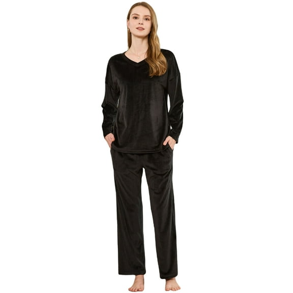 U2SKIIN Womens Fleece Pajama Set, Fluffy Pullover Winter Sleepwear Soft Plush Sleepwear Fuzzy Pjs set,(Black,M)