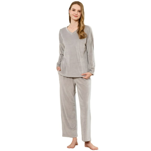 U2SKIIN Womens Fleece Pajama Set, Fluffy Pullover Winter Sleepwear Soft Plush Sleepwear Fuzzy Pjs set,(Light Grey,M)