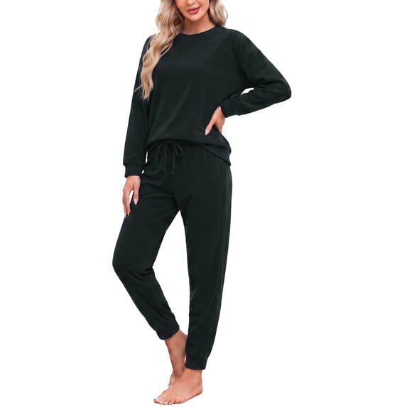 U2SKIIN Womens Fleece Pajamas Set, Soft Lightweight Sleepwear Pullover Lounge Pjs Set,(Black,S)
