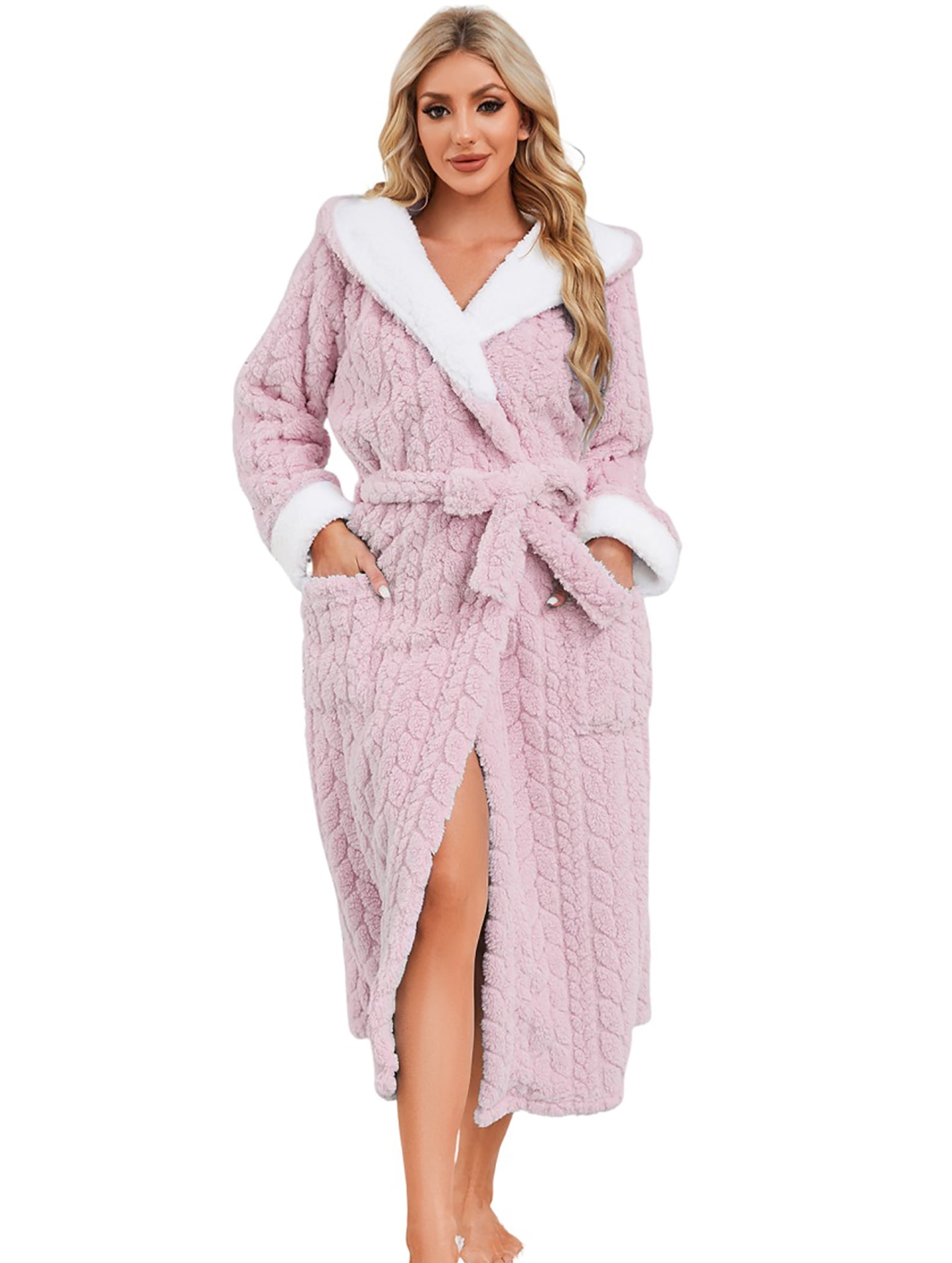 Women's Super Soft Pink Fleece Robe - Hooded Winter Dressing Gown With  Sherpa Fluff