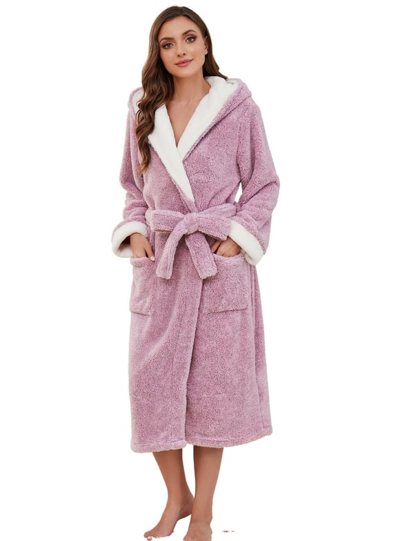 Womens Hooded Fleece Robes, Soft Long Bathrobe Fluffy Warm Loungewear,(Light Pink Mel.L-XL)