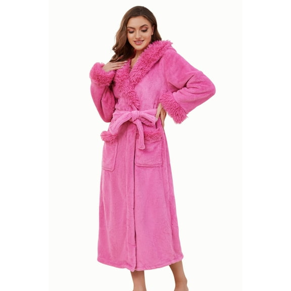 U2SKIIN Womens Hooded Plush Long Robe, Soft Warm Fleece Bathrobe for Women Fluffy Cute Spa Robe（ Rose, S/M）