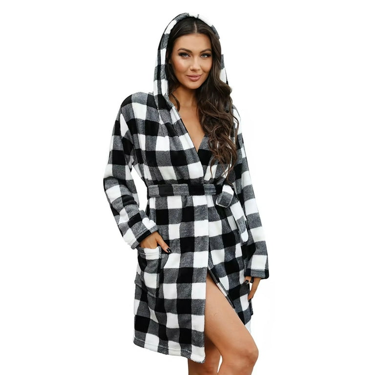 Women's Hooded Plush Robe | Short Fleece Bathrobe with Inner & Outer Belt,  Pockets | Soft & Elegant