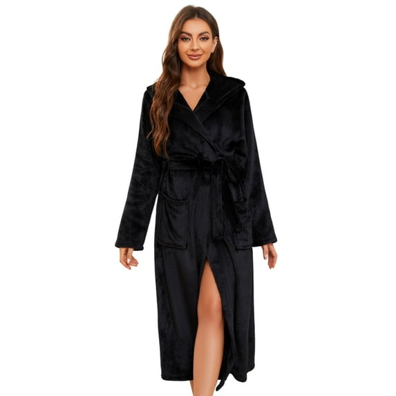 U2SKIIN Womens Long Hooded Fleece Robe, Soft Warm Spa Bathrobe for Cozy Lightweight Loungewear (Black, S/M)