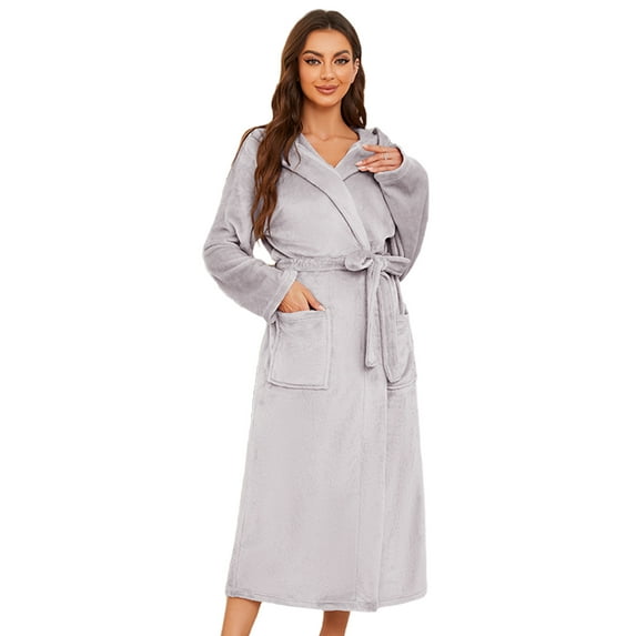 U2SKIIN Womens Long Hooded Fleece Robe, Soft Warm Spa Bathrobe for Cozy Lightweight Loungewear (Light Grey, 2XL/3XL)