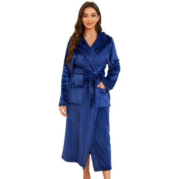 U2SKIIN Womens Long Hooded Fleece Robe, Soft Warm Spa Bathrobe for Cozy Lightweight Loungewear (Navy, 2XL/3XL)
