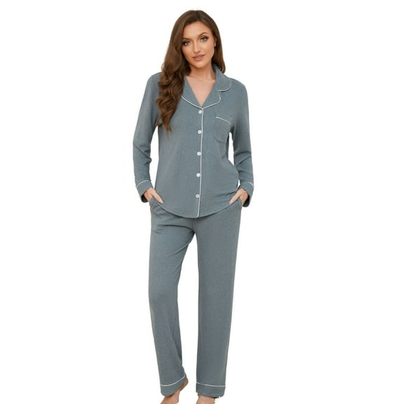 U2SKIIN Womens Pajama Sets, Ultra Soft Button Down Loungewear Long Sleeve Pjs Sets,(Light Green Mel.L)