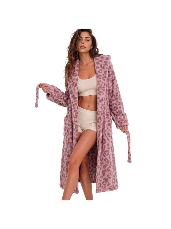 Womens Plush Fleece Robe, Leopard Print Hooded Long Bathrobe, Soft Fluffy Warm Loungewear (Rose Pink, S/M)