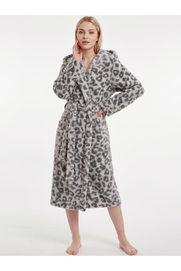 Womens Plush Fleece Robe, Leopard Print Hooded Long Bathrobe, Soft Fluffy Warm Loungewear