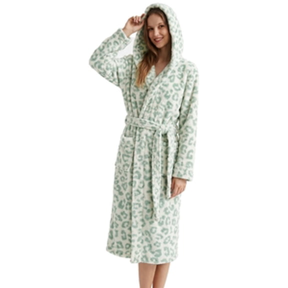 U2SKIIN Womens Plush Fleece Robe, Leopard Print Hooded Long Bathrobe, Soft Fluffy Warm Loungewear