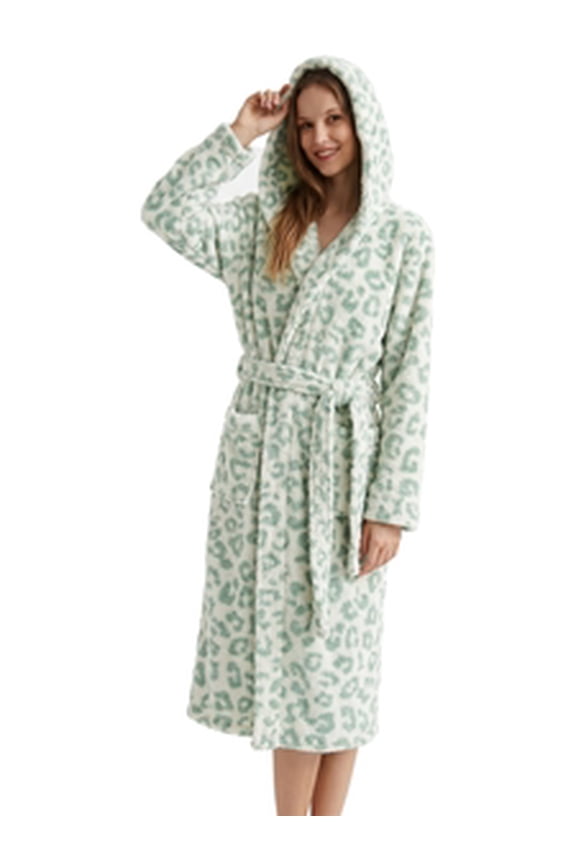 Womens Plush Fleece Robe, Leopard Print Hooded Long Bathrobe, Soft Fluffy Warm Loungewear
