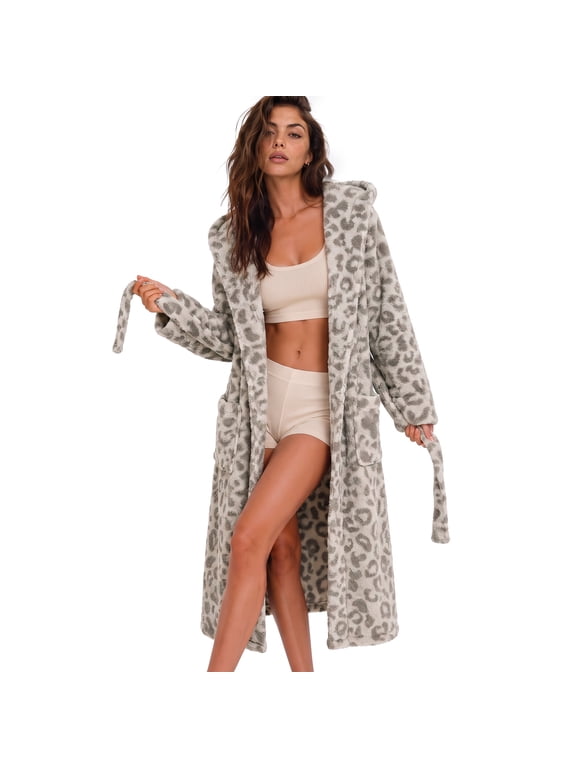 Womens Plush Fleece Robe, Leopard Print Hooded Long Bathrobe, Soft Fluffy Warm Loungewear (Light Brown, L/XL)