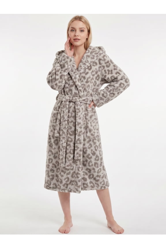 Womens Plush Fleece Robe, Leopard Print Hooded Long Bathrobe, Soft Fluffy Warm Loungewear