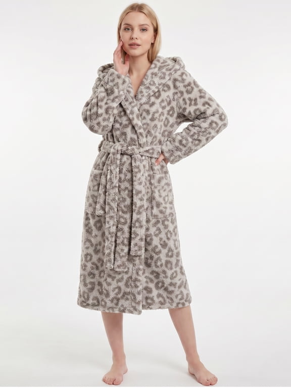 Womens Plush Fleece Robe, Leopard Print Hooded Long Bathrobe, Soft Fluffy Warm Loungewear (Light Brown, L/XL)