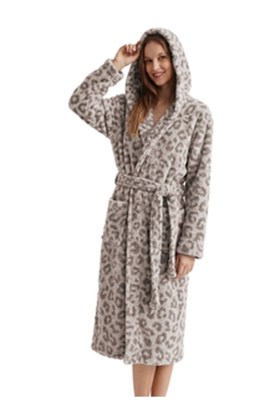 Womens Plush Fleece Robe, Leopard Print Hooded Long Bathrobe, Soft Fluffy Warm Loungewear