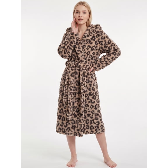 U2SKIIN Womens Plush Fleece Robe, Leopard Print Hooded Long Bathrobe, Soft Fluffy Warm Loungewear
