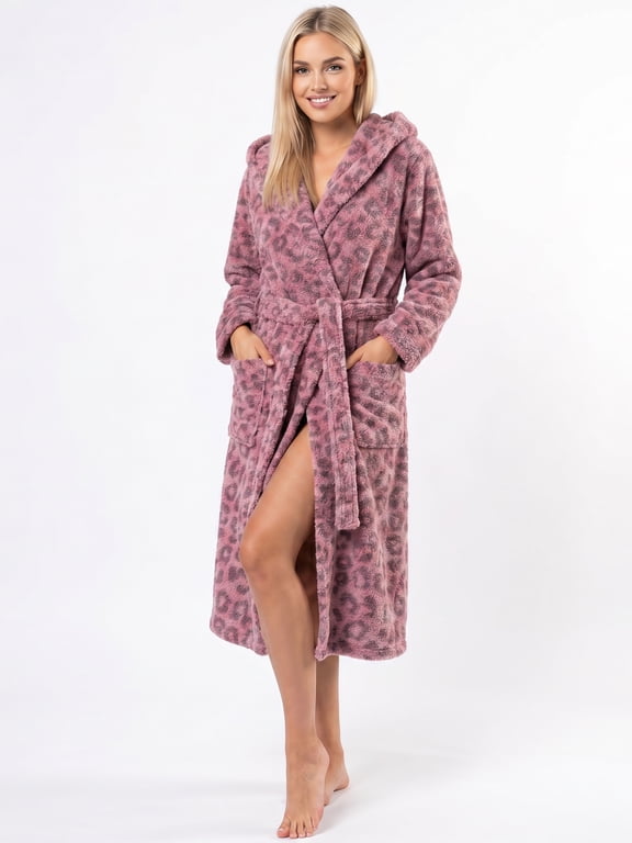 Womens Plush Fleece Robe, Leopard Print Hooded Long Bathrobe, Soft Fluffy Warm Loungewear (Rose Pink, S/M)
