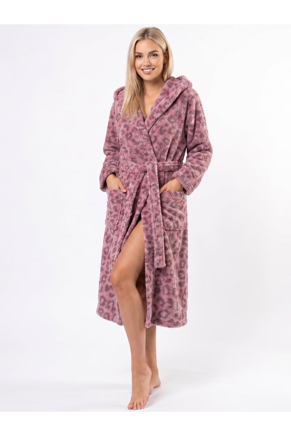 Womens Plush Fleece Robe, Leopard Print Hooded Long Bathrobe, Soft Fluffy Warm Loungewear