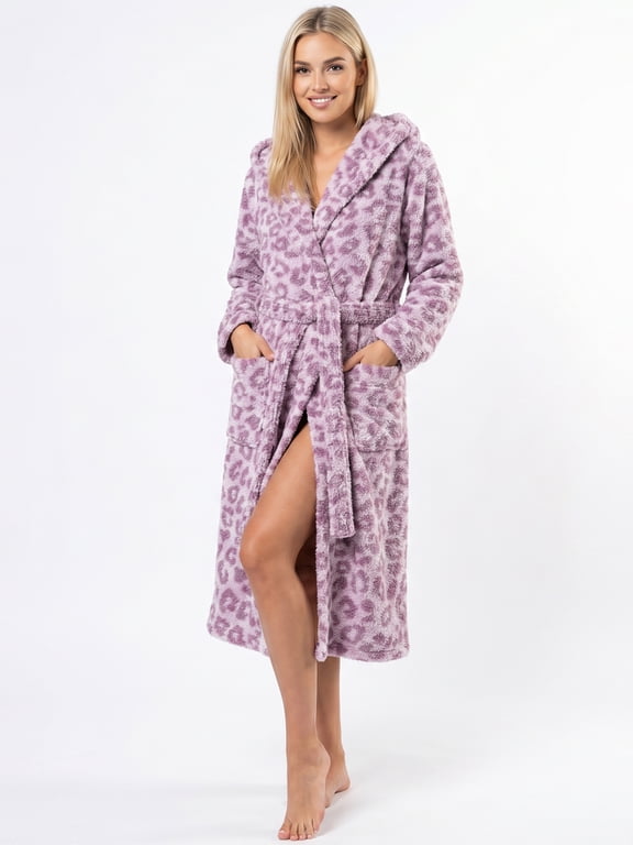 Womens Plush Fleece Robe, Leopard Print Hooded Long Bathrobe, Soft Fluffy Warm Loungewear (Dusty Pink, S/M)