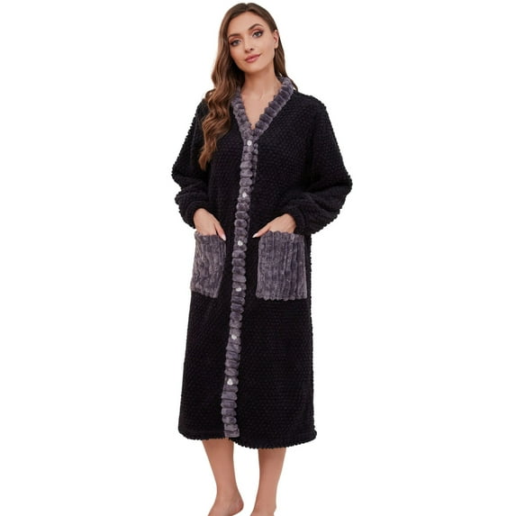 U2SKIIN Womens Plush Robe, Soft Fluffy Bathrobe Lightweight Button Warm Loungewear,(Black+Dark Grey,L-XL)