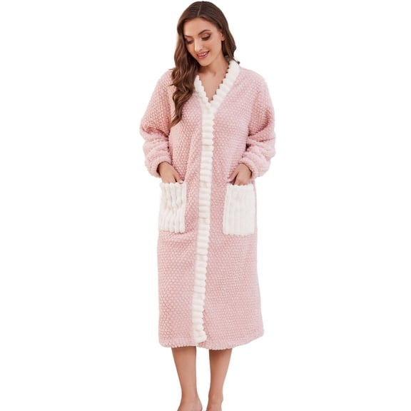 U2SKIIN Womens Plush Robe, Soft Fluffy Bathrobe Lightweight Button Warm Loungewear,(Light Pink+White,S-M)