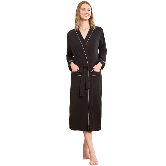 U2SKIIN Womens Robe 100% Cotton, Lightweight Spa Bathrobe Soft Kimono Long Loungewear,(Black,L)