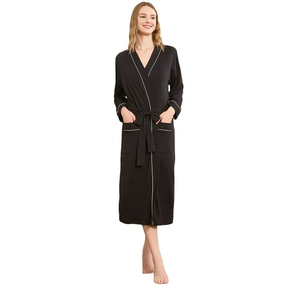 U2SKIIN Womens Robe 100% Cotton, Lightweight Spa Bathrobe Soft Kimono Long Loungewear,(Black,M)