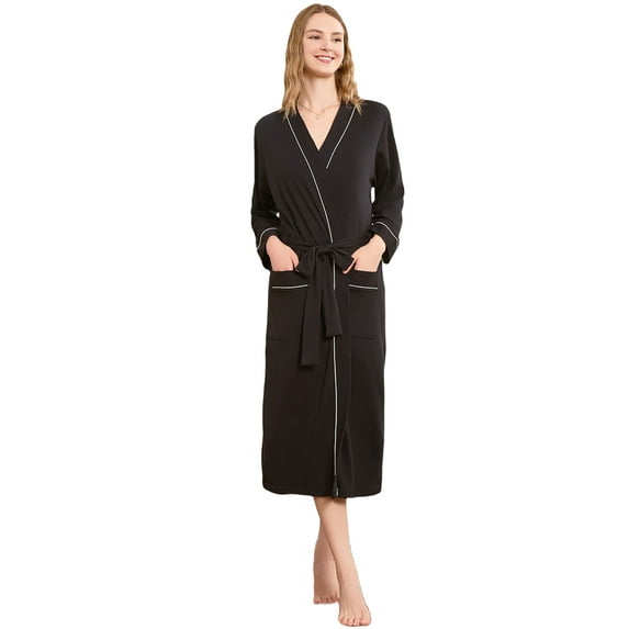 U2SKIIN Womens Robe 100% Cotton, Lightweight Spa Bathrobe Soft Kimono Long Loungewear,(Black,S)