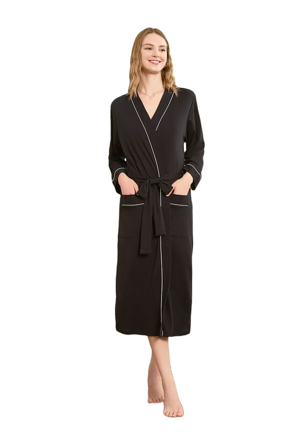 Womens Robe 100% Cotton, Lightweight Spa Bathrobe Soft Kimono Long Loungewear,(Black,S)